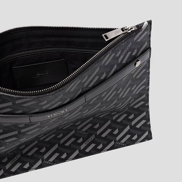 Túi Cầm Tay Nam Versace Clutch Black Leather With La Greca Printed 10029261A01444 5B05E Màu Đen