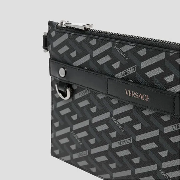 Túi Cầm Tay Nam Versace Clutch Black Leather With La Greca Printed 10029261A01444 5B05E Màu Đen