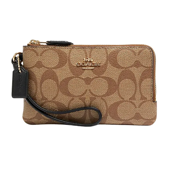 Túi Cầm Tay Nữ Coach Double Corner Zip Wristlet In Blocked Signature Canvas C1859 Màu Nâu