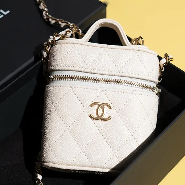 Chanel Pearl Logo Strap Flap Bag White  Tailored Styling