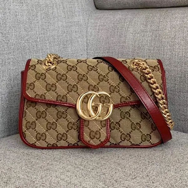 Túi Đeo Chéo Nữ Gucci GG Marmont Small Shoulder Bag Màu Nâu Viền Đỏ