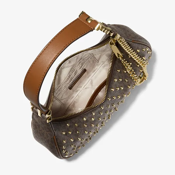 Túi Đeo Vai Nữ Michael Kors MK Piper Small Studded Logo Shoulder Bag 32F2GP1N1V Màu Nâu - Túi xách - Vua Hàng Hiệu