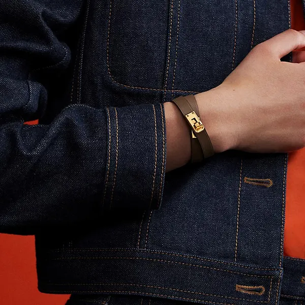 Vòng Đeo Tay Hermès Mini Kelly Double Tour bracelet Étoupe Màu Nâu Đậm Size T2