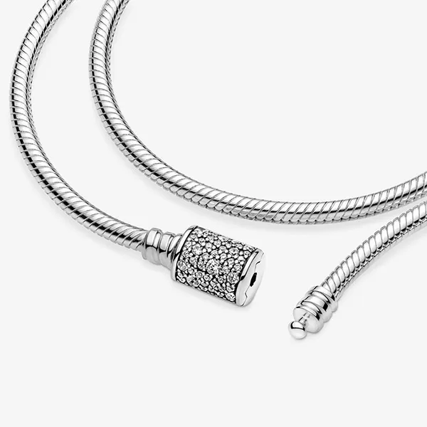Vòng Đeo Tay Pandora Moments Chuỗi Rắn 2 Vòng Với Khóa Hình Trụ Đính Đá 599544C01 Màu Bạc Size 18