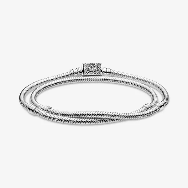 Vòng Đeo Tay Pandora Moments Chuỗi Rắn 2 Vòng Với Khóa Hình Trụ Đính Đá 599544C01 Màu Bạc Size 18