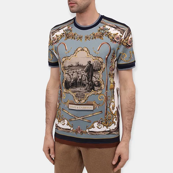Áo Phông Nam Dolce & Gabbana D&G Shepherd-Print T-Shirt G8KC0THI7EYHT2NU Màu Xanh Size 46