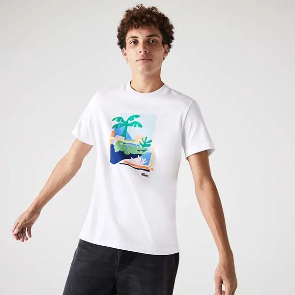 Áo Phông Nam Lacoste Men Regular Fit Crew Neck Printed White TShirt TH2645001 Màu Trắng Họa Tiết Size 2