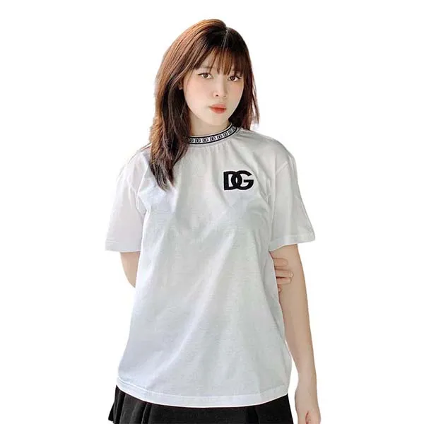 Áo Phông Nữ Dolce & Gabbana D&G White With Logo Embroidered Tshirt L4JTEYG7IK1W0800 Màu Trắng