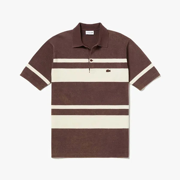 Áo Polo Nam Lacoste Washed Knit Shirt Brown PH803EL4PR Màu Nâu Trắng Size 2