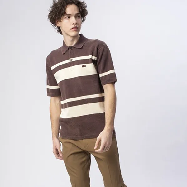 Áo Polo Nam Lacoste Washed Knit Shirt Brown PH803EL4PR Màu Nâu Trắng Size 2