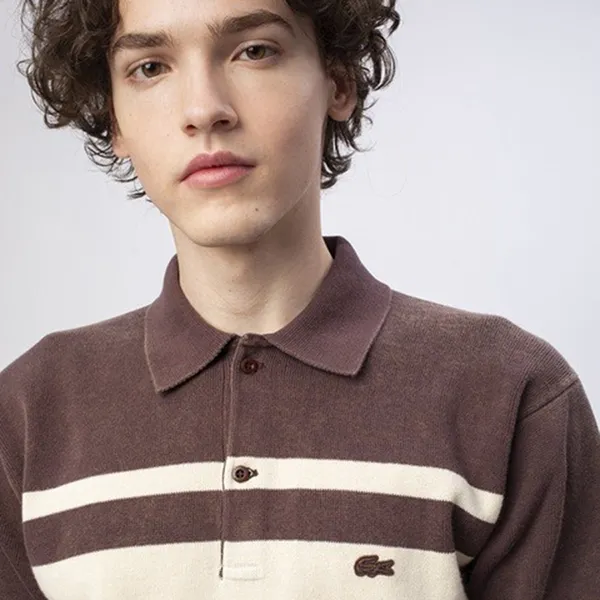 Áo Polo Nam Lacoste Washed Knit Shirt Brown PH803EL4PR Màu Nâu Trắng Size 2