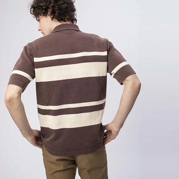 Áo Polo Nam Lacoste Washed Knit Shirt Brown PH803EL4PR Màu Nâu Trắng Size 2