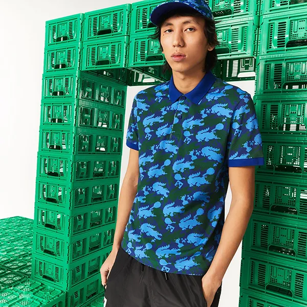 Áo Polo Nam Lacoste Minecraft Print Classic Fit Polo Shirt PH504051E2F PB03 Màu Xanh Size M