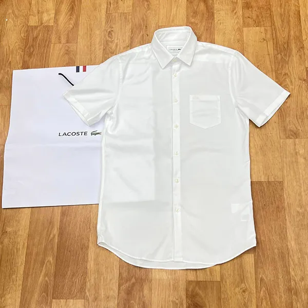 Áo Sơ Mi Cộc Tay Nam Lacoste Men's Shirt Regular Họạ Tiết Cá Sấu Chìm Màu Trắng Size 42