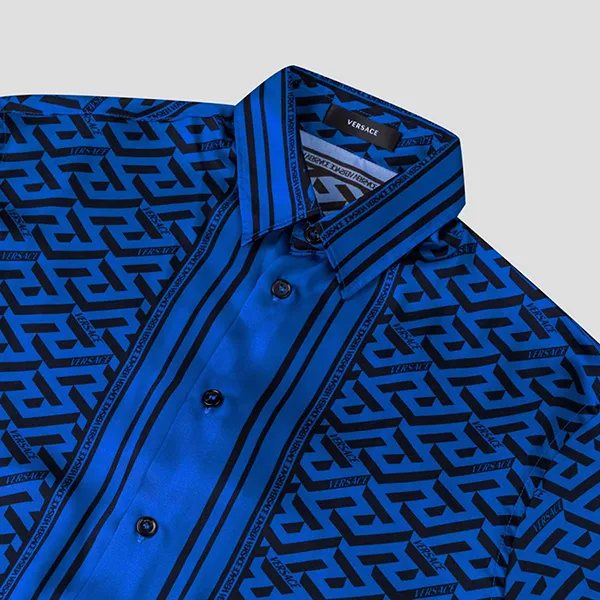 Áo Sơ Mi Cộc Tay Nam Versace Blue With La Greca Printed 1010103 1A07311 5U290 Màu Xanh