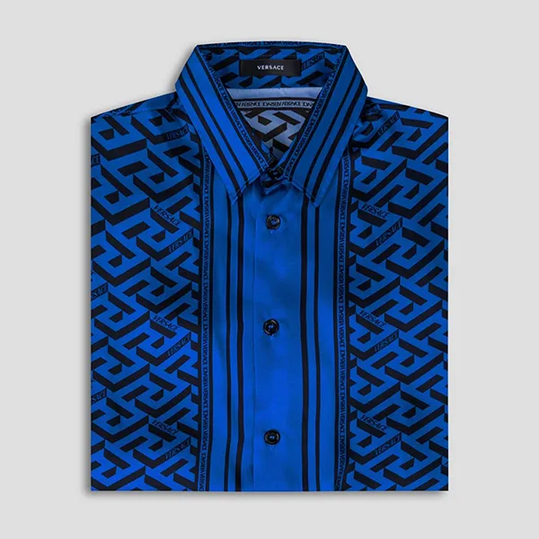 Áo Sơ Mi Cộc Tay Nam Versace Blue With La Greca Printed 1010103 1A07311 5U290 Màu Xanh
