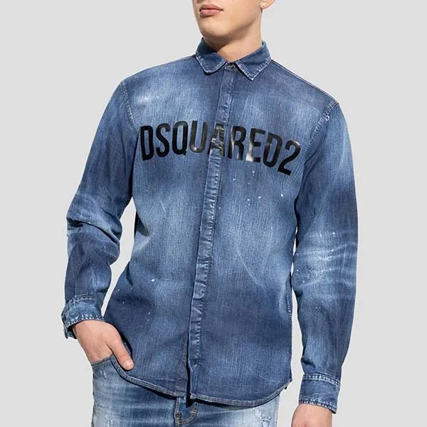 Áo Sơ Mi Dài Tay Nam Dsquared2 Blue Denim With Logo Printed S74DM0724 S30341 470 Màu Xanh