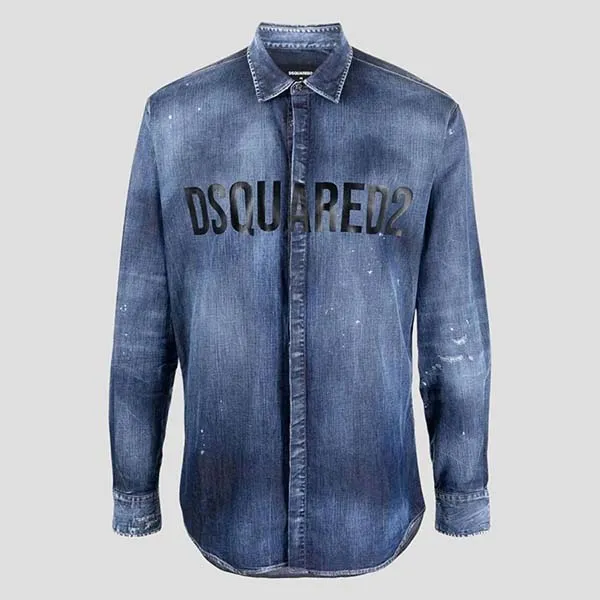 Áo Sơ Mi Dài Tay Nam Dsquared2 Blue Denim With Logo Printed S74DM0724 S30341 470 Màu Xanh