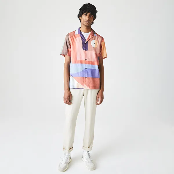 Áo Sơ Mi Nam Lacoste Men's Regular Fit Printed Cotton Shirt CH0956 UD4 Màu Hồng Cam Size 38