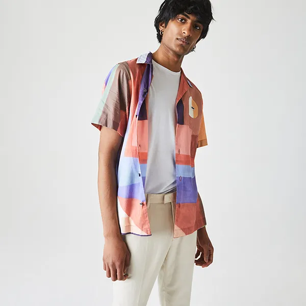 Áo Sơ Mi Nam Lacoste Men's Regular Fit Printed Cotton Shirt CH0956 UD4 Màu Hồng Cam Size 38