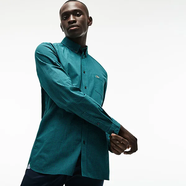Áo Sơ Mi Nam Lacoste Men's Slim Fit Stretch Cotton Poplin Shirt CH1462C76 Màu Xanh Cổ Vịt Size 40