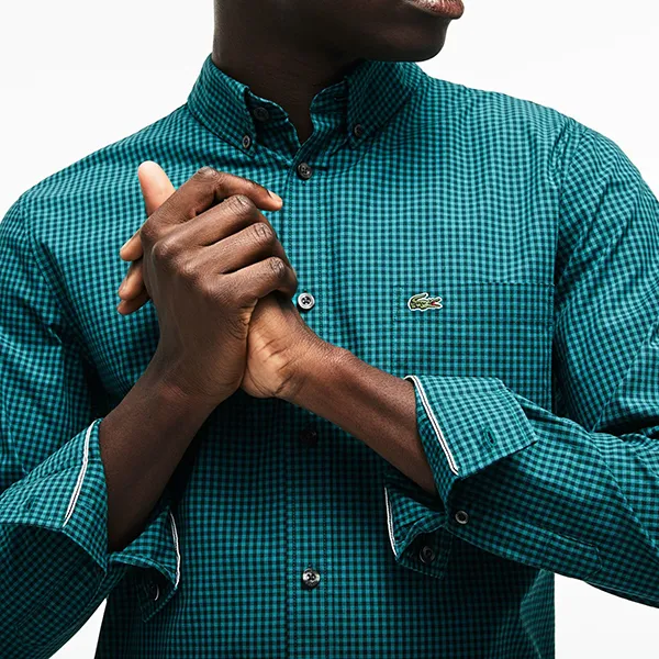 Áo Sơ Mi Nam Lacoste Men's Slim Fit Stretch Cotton Poplin Shirt CH1462C76 Màu Xanh Cổ Vịt Size 40