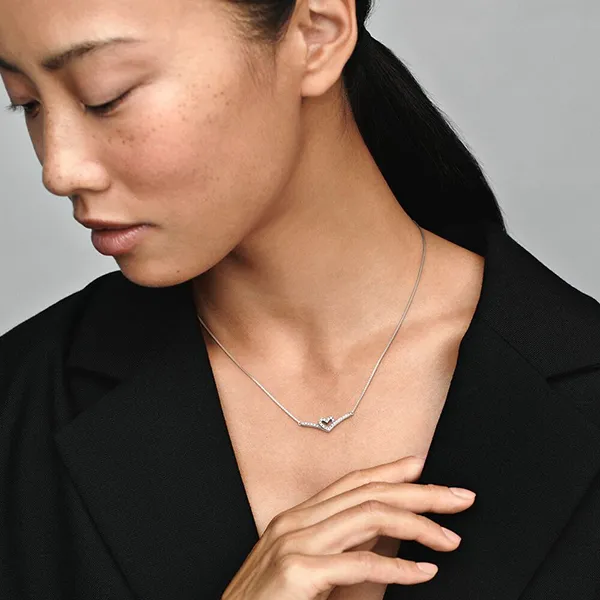 Dây Chuyền Nữ Pandora Sparkling Wishbone Heart Collier Necklace 399273C01 Màu Bạc