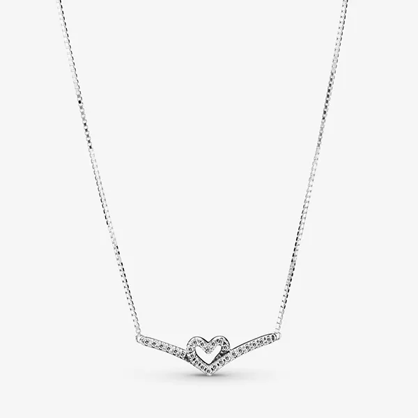 Dây Chuyền Nữ Pandora Sparkling Wishbone Heart Collier Necklace 399273C01 Màu Bạc