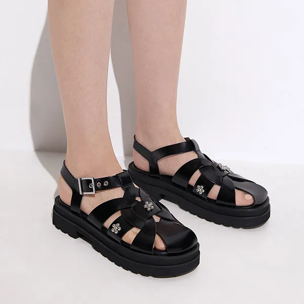 Dép Sandal Nữ Charles & Keith CNK Nell Gladiator Floral-Embellished Black Boxed 70380995 Màu Đen Size 35