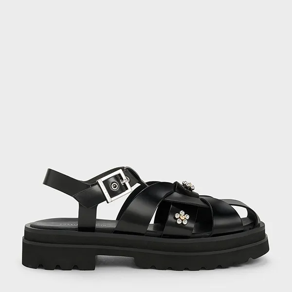 Dép Sandal Nữ Charles & Keith CNK Nell Gladiator Floral-Embellished Black Boxed 70380995 Màu Đen Size 35