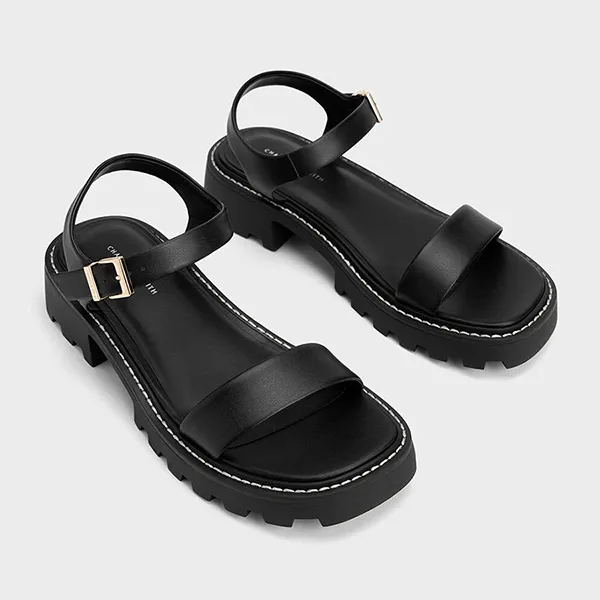 Dép Nữ Charles & Keith Stitch-Trim Buckled Sandals - Black CK1-70380984 Màu Đen
