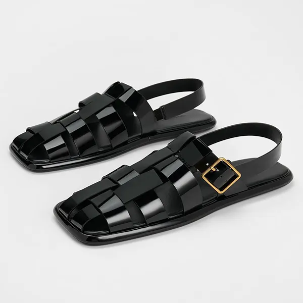 Dép Sandal Nữ Charles & Keith CNK Metallic Buckle Caged Slingback Sandals Black Patent CK1-71870005 Màu Đen - 1