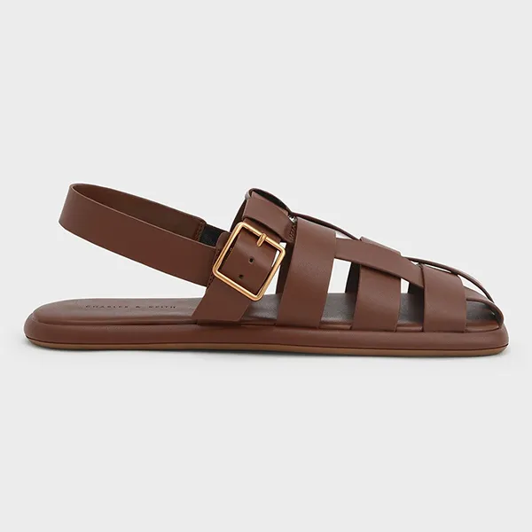 Dép Sandal Nữ Charles & Keith CNK Metallic Buckle Caged Slingback Sandals Brown 71870005 Màu Nâu