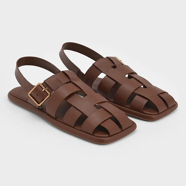 Dép Sandal Nữ Charles & Keith CNK Metallic Buckle Caged Slingback Sandals Brown 71870005 Màu Nâu