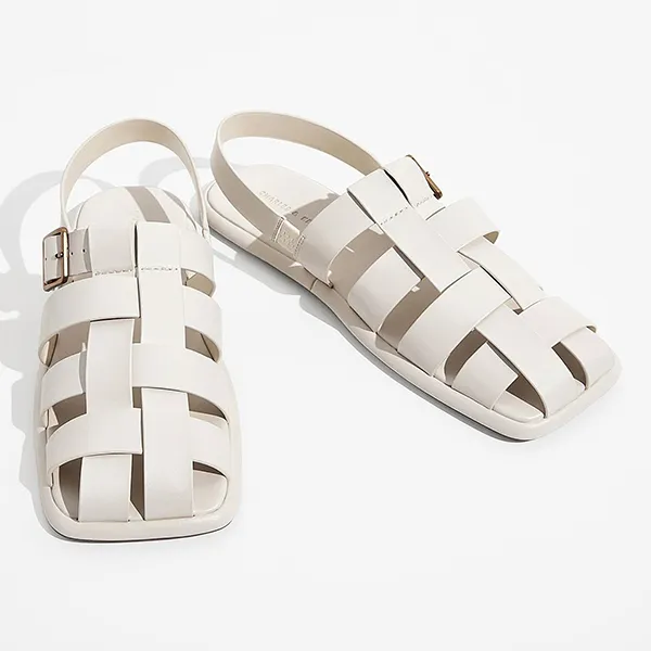 Dép Sandal Nữ Charles & Keith CNK Metallic Buckle Caged Slingback Sandals Chalk 71870005 Màu Trắng Kem
