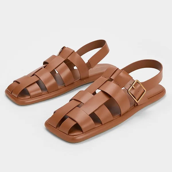 Dép Sandal Nữ Charles & Keith CNK Metallic Buckle Caged Slingback Sandals Cognac 71870005 Màu Nâu Sáng