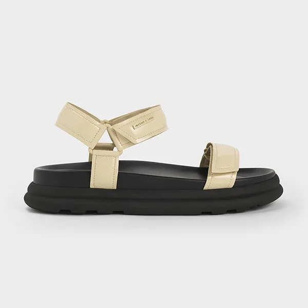 Dép Sandal Nữ Charles & Keith CNK Patent Strappy Sports Sandals Patent 70580209 Đen Vàng Size 37