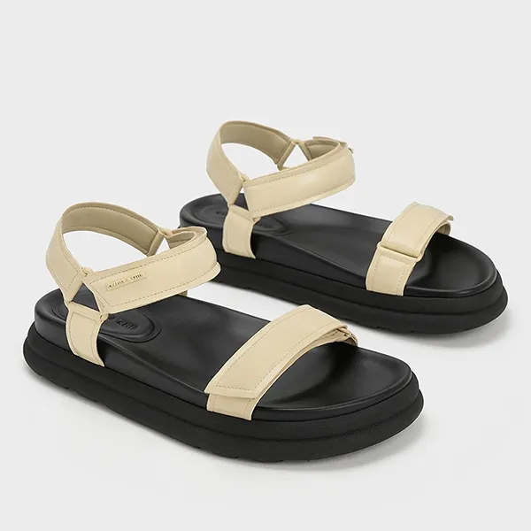 Dép Sandal Nữ Charles & Keith CNK Patent Strappy Sports Sandals Patent 70580209 Đen Vàng Size 37