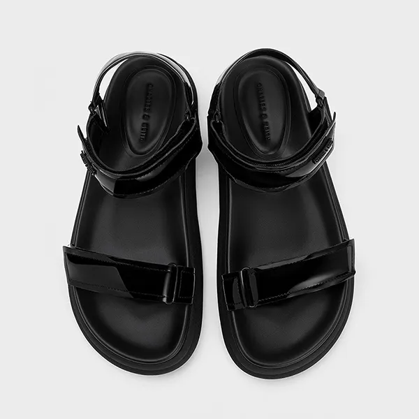 Dép Sandal Nữ Charles & Keith CNK Patent Strappy Sports Sandals Black Patent CK1-70580209 Màu Đen