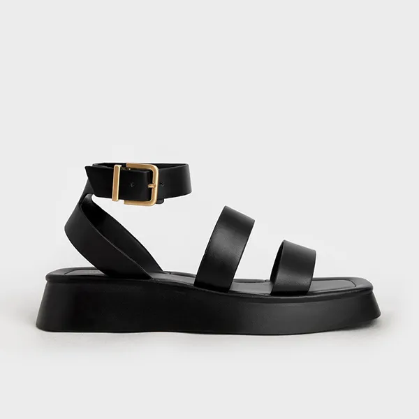 Dép Sandal Nữ Charles & Keith CNK Square Toe Ankle-Strap Sandals 70380945 Màu Đen