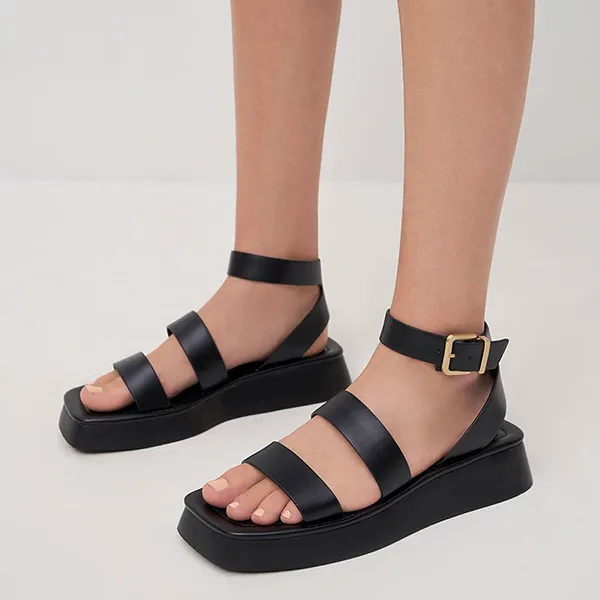 Dép Sandal Nữ Charles & Keith CNK Square Toe Ankle-Strap Sandals 70380945 Màu Đen