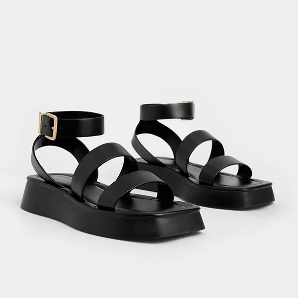 Dép Sandal Nữ Charles & Keith CNK Square Toe Ankle-Strap Sandals 70380945 Màu Đen