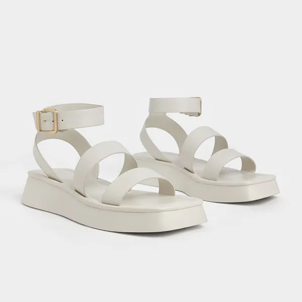 Dép Sandal Nữ Charles & Keith CNK Square Toe Ankle-Strap Sandals Chalk 70380945 Màu Trắng