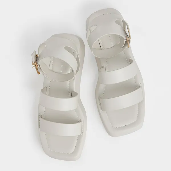 Dép Sandal Nữ Charles & Keith CNK Square Toe Ankle-Strap Sandals Chalk 70380945 Màu Trắng