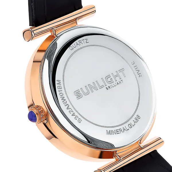 Đồng Hồ Nữ Sunlight Dây Da 2 Viền Đá Vàng Rose 32mm 337155 Màu Đen