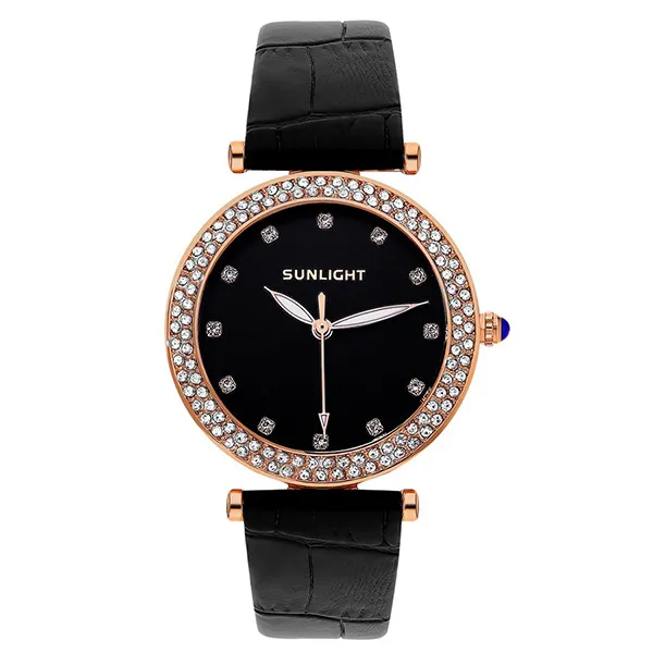 Đồng Hồ Nữ Sunlight Dây Da 2 Viền Đá Vàng Rose 32mm 337155 Màu Đen
