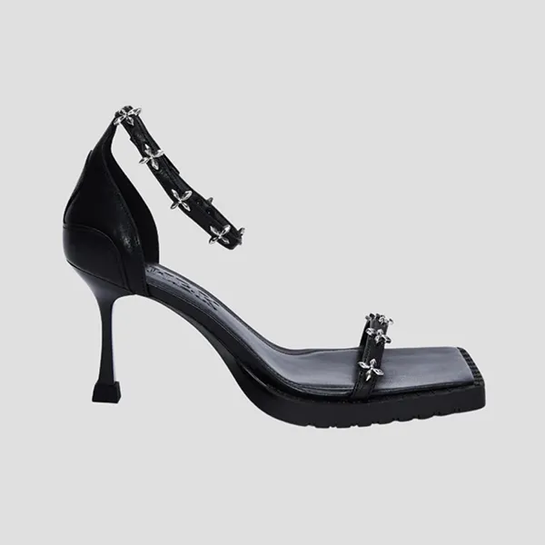 Giày Cao Gót Nữ SMFK Black Leather With Silver Logo SH004S Màu Đen