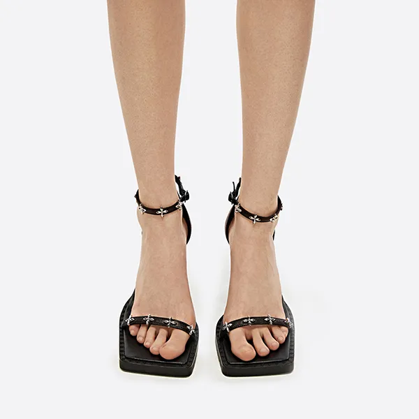 Giày Cao Gót Nữ SMFK Black Leather With Silver Logo SH004S Màu Đen