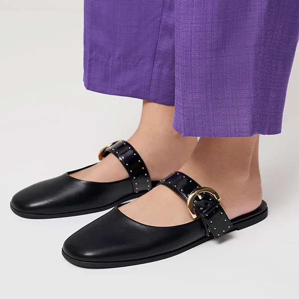 Giày Sục Nữ Charles & Keith CNK Studded Buckled Flat Mules Black 70580187 Màu Đen