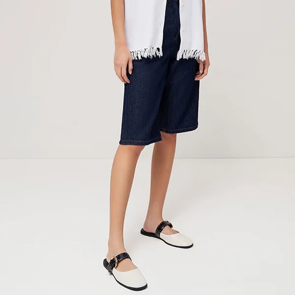 Giày Sục Nữ Charles & Keith CNK Studded Buckled Flat Mules Chalk 70580187 Màu Trắng Kem